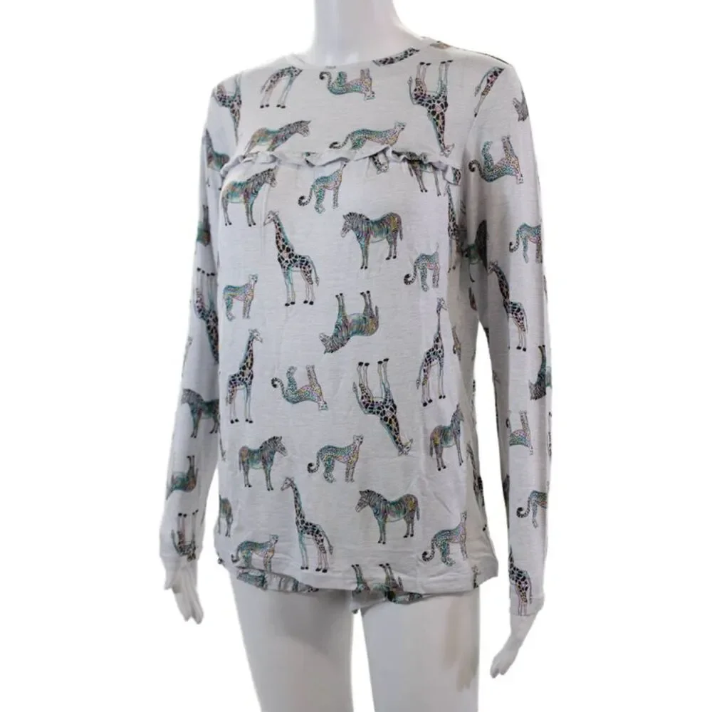Emerson Road Womens Giraffe Print Ruffled Long Sleeve Pajama Set Gray Size XS